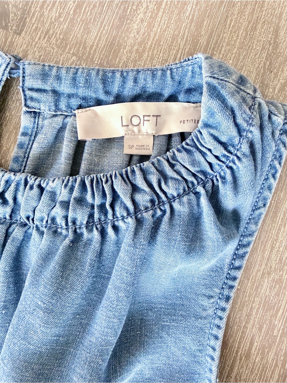 LOFT Petite Chambray Sleeveless Shift Dress | Small Petite | Blue Ruffle Hem - Picture 4 of 7